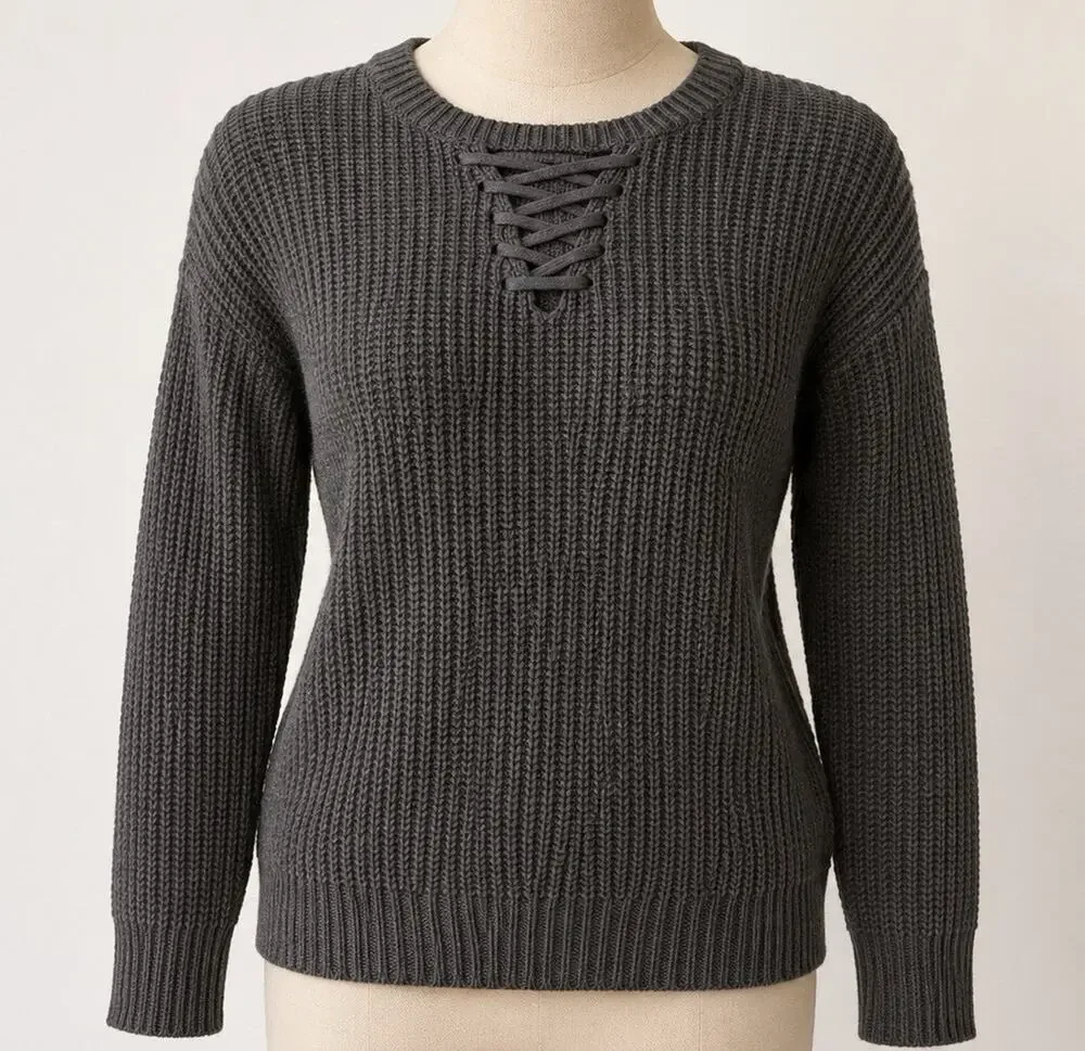 Pink Rose Gray Solid Lace-Up Crewneck Waffle-Knit Pullover Sweater Women S